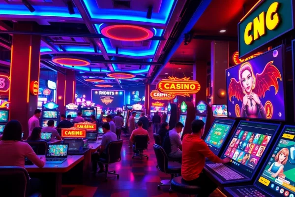 Players enjoying interactive games on ทางเข้าpg while surrounded by neon lights and a vibrant atmosphere.