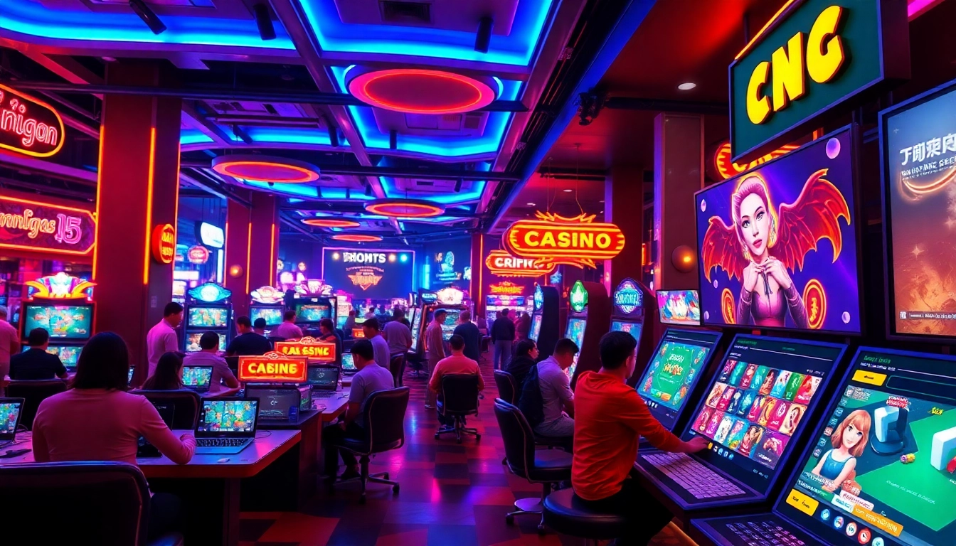 Players enjoying interactive games on ทางเข้าpg while surrounded by neon lights and a vibrant atmosphere.