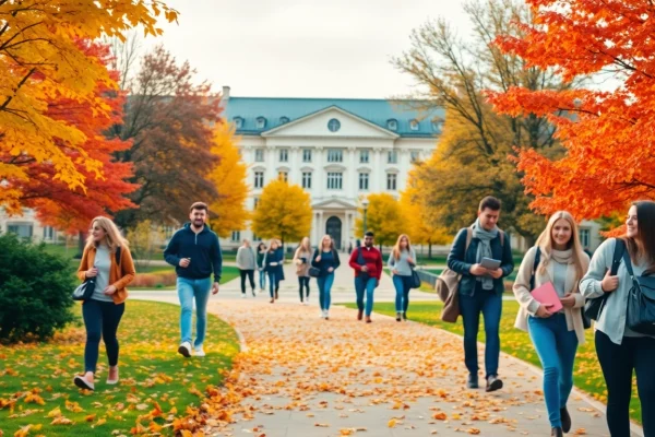 Explore Polonya'da Üniversite Eğitimi with students enjoying the vibrant campus life in Poland during autumn.