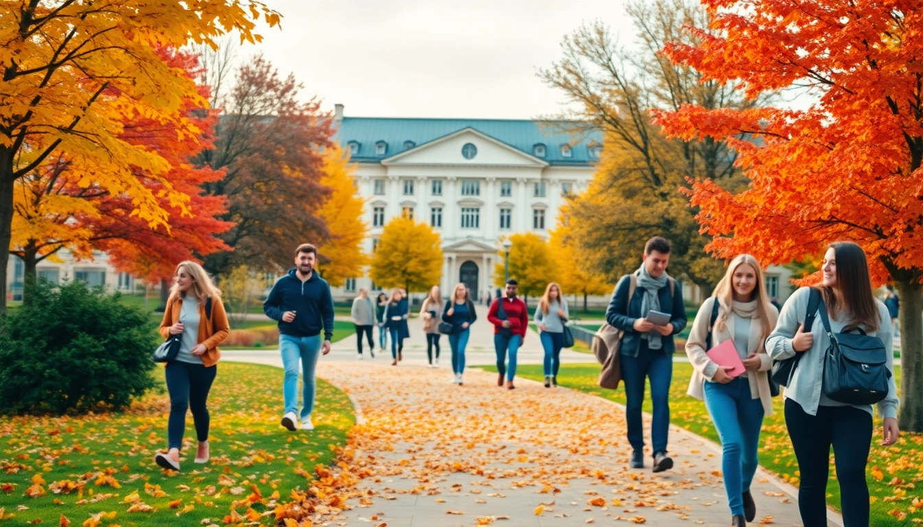 Explore Polonya'da Üniversite Eğitimi with students enjoying the vibrant campus life in Poland during autumn.