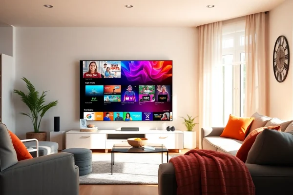 Watch IPTV Suisse content displayed on a vibrant living room TV screen.