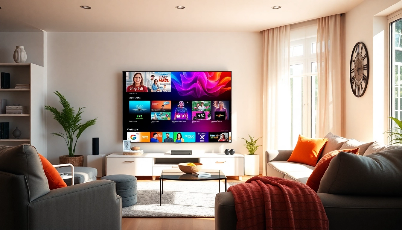 Watch IPTV Suisse content displayed on a vibrant living room TV screen.