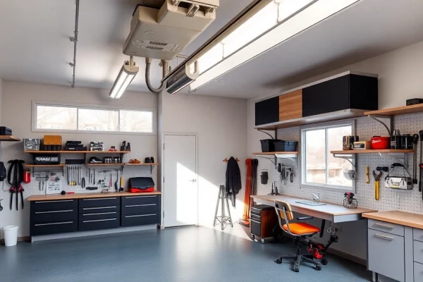 Showcasing custom garages with sleek storage solutions and organized tools in a well-lit environment.