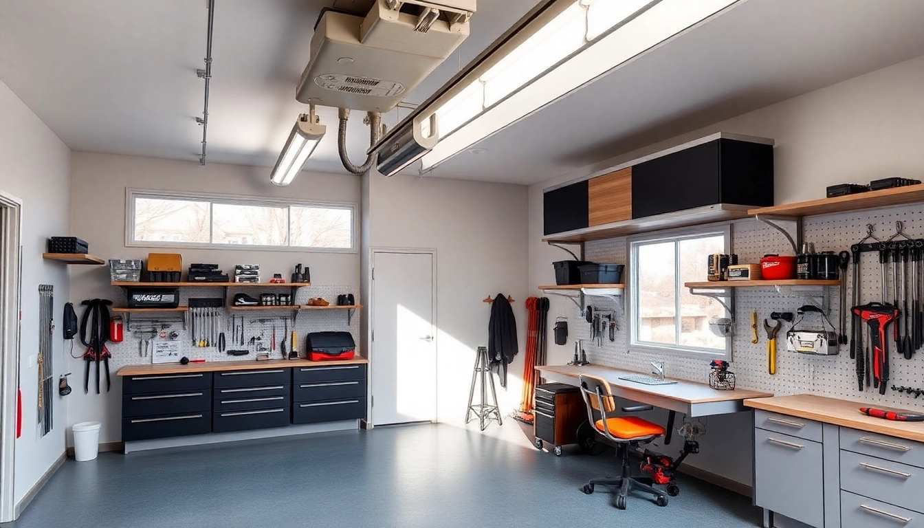 Showcasing custom garages with sleek storage solutions and organized tools in a well-lit environment.