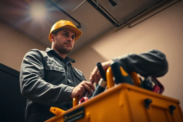 Expert Elektriker Notdienst assisting with urgent electrical repairs in a well-equipped workspace.