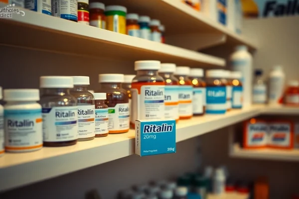 View Ritalin 20mg zonder recept packaging on a pharmacy shelf filled with various medicines.