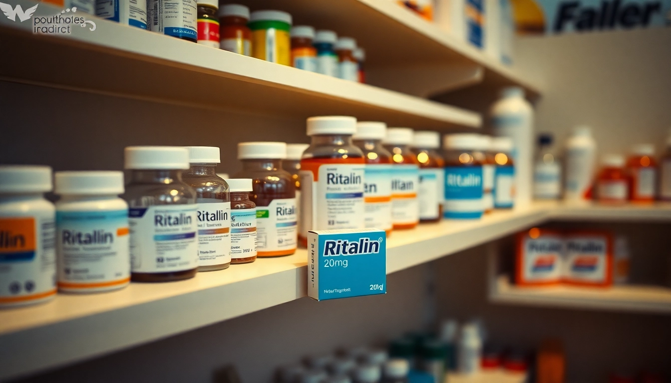 View Ritalin 20mg zonder recept packaging on a pharmacy shelf filled with various medicines.