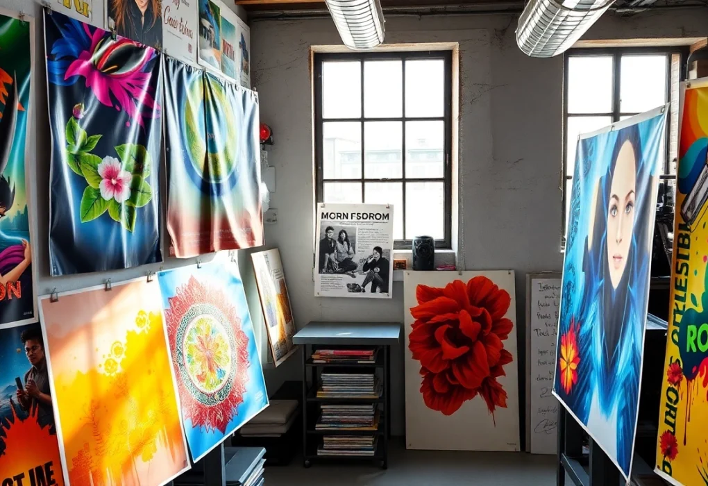 Showcasing high-quality poster printing Dublin with colorful designs in a printing studio.