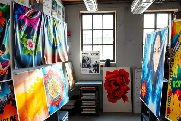 Showcasing high-quality poster printing Dublin with colorful designs in a printing studio.