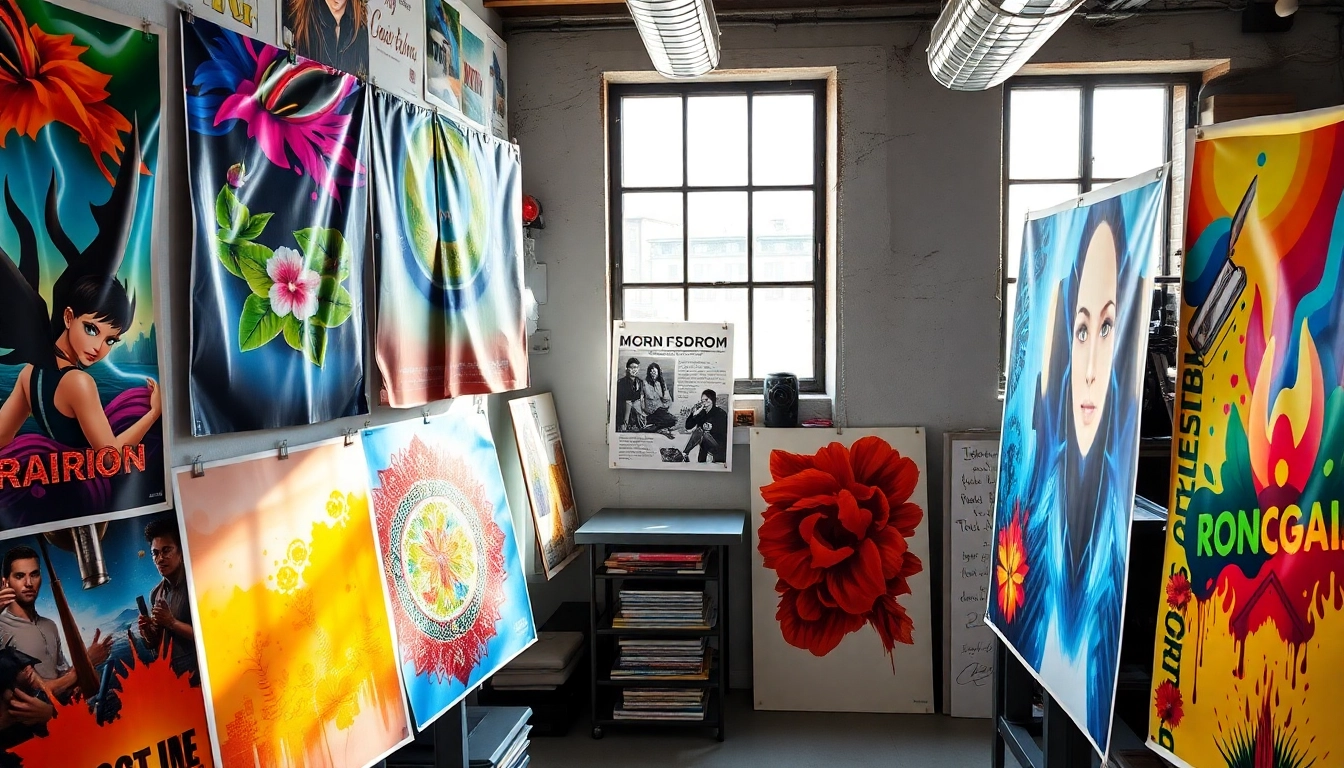 Showcasing high-quality poster printing Dublin with colorful designs in a printing studio.