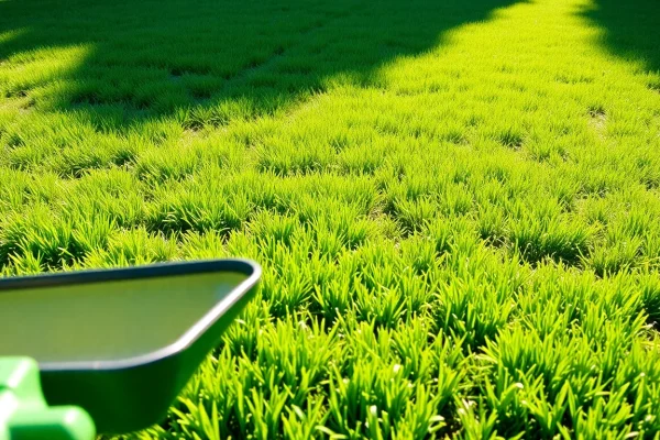 Over seeding process on a lush lawn, highlighting seed spreader and green grass varieties.