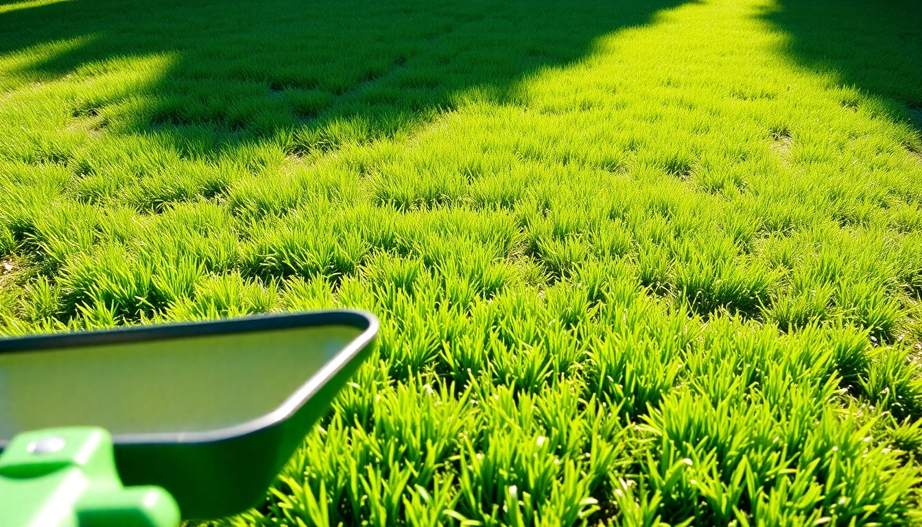 Over seeding process on a lush lawn, highlighting seed spreader and green grass varieties.