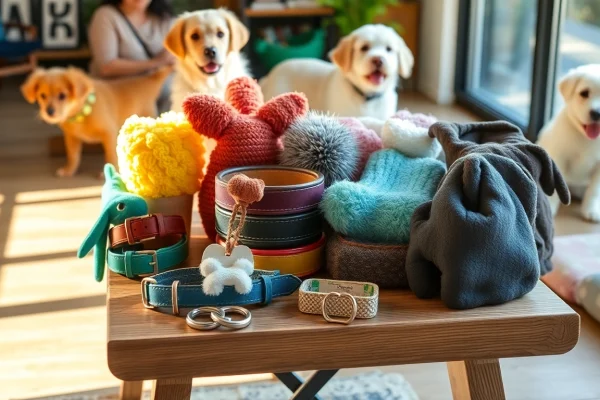 Showcasing stylish pet accessories, including collars and toys for pets' enjoyment.