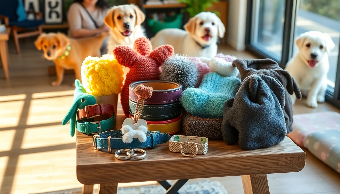 Showcasing stylish pet accessories, including collars and toys for pets' enjoyment.