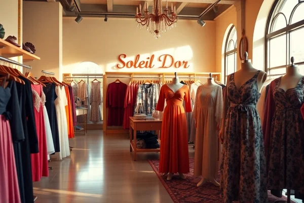 Showcasing Soleil Dor fashion collection featuring elegant, high-quality apparel in a sunlit setting.