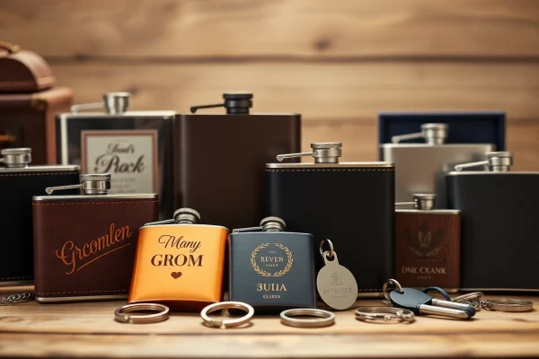 Showcasing cheap groomsmen gifts like personalized flasks and wallets arranged stylishly, perfect for wedding parties.