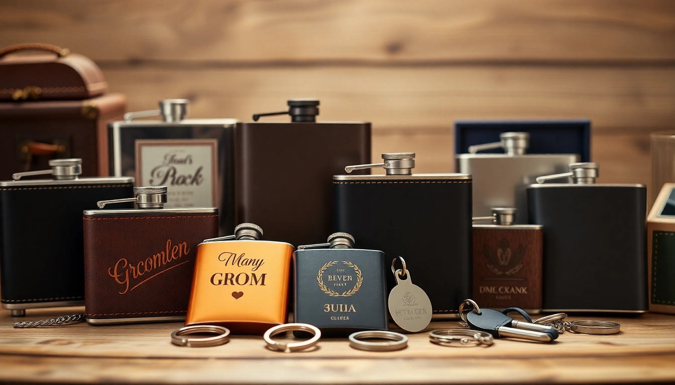 Showcasing cheap groomsmen gifts like personalized flasks and wallets arranged stylishly, perfect for wedding parties.