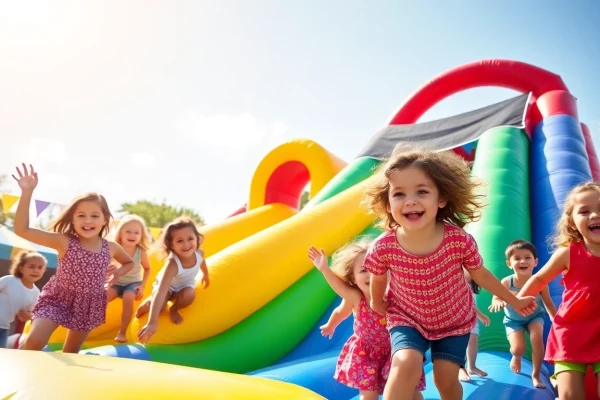 Children laughing and having fun on a colorful slide rental at a summer party.