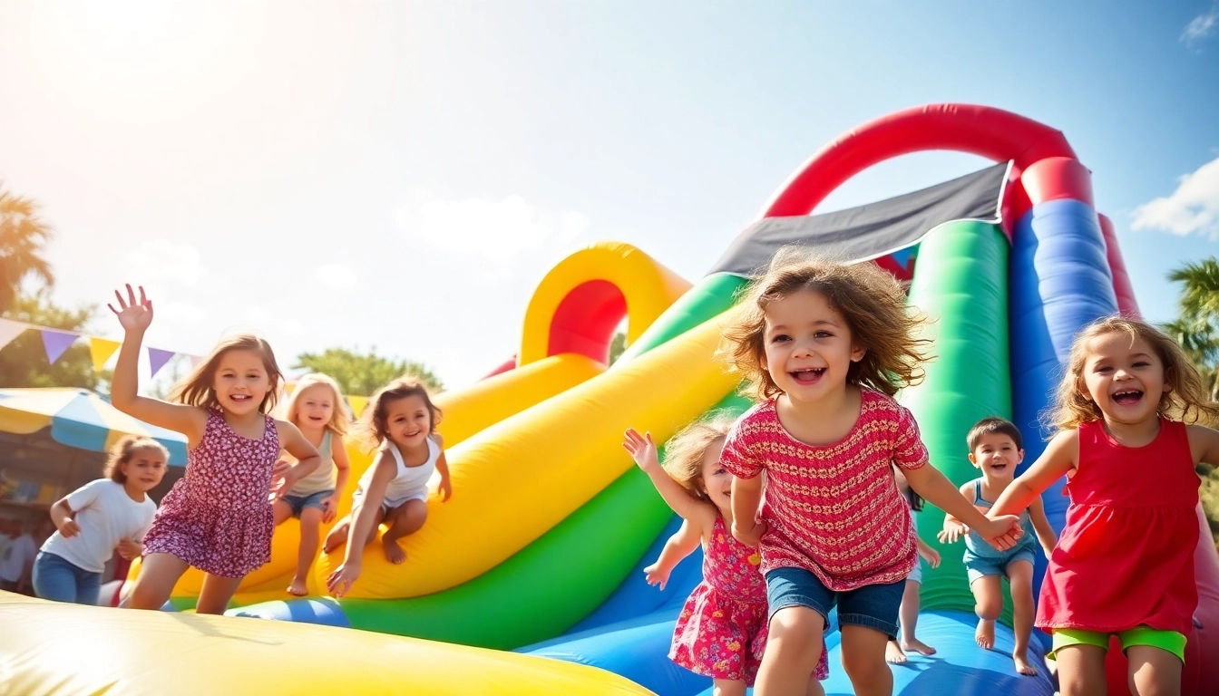 Children laughing and having fun on a colorful slide rental at a summer party.