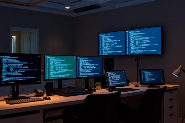 Tech workspace featuring multiple monitors with code and soft ambient lighting.