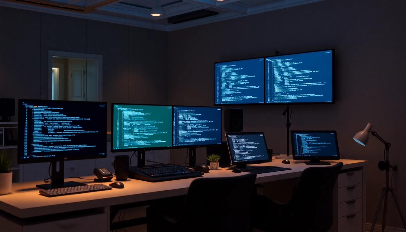 Tech workspace featuring multiple monitors with code and soft ambient lighting.