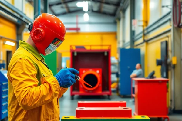 Technician applying powder coating Birmingham on metal parts in a vibrant, professional facility.