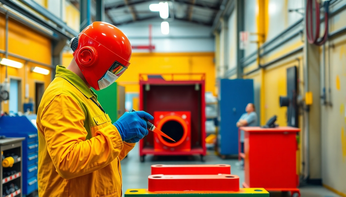 Technician applying powder coating Birmingham on metal parts in a vibrant, professional facility.