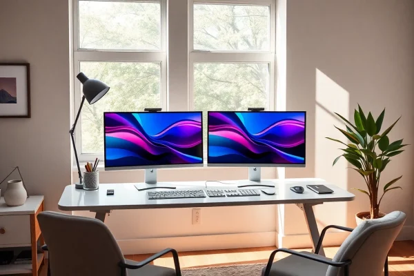 Set up a dual monitor install to enhance workspace productivity with a modern home office design.