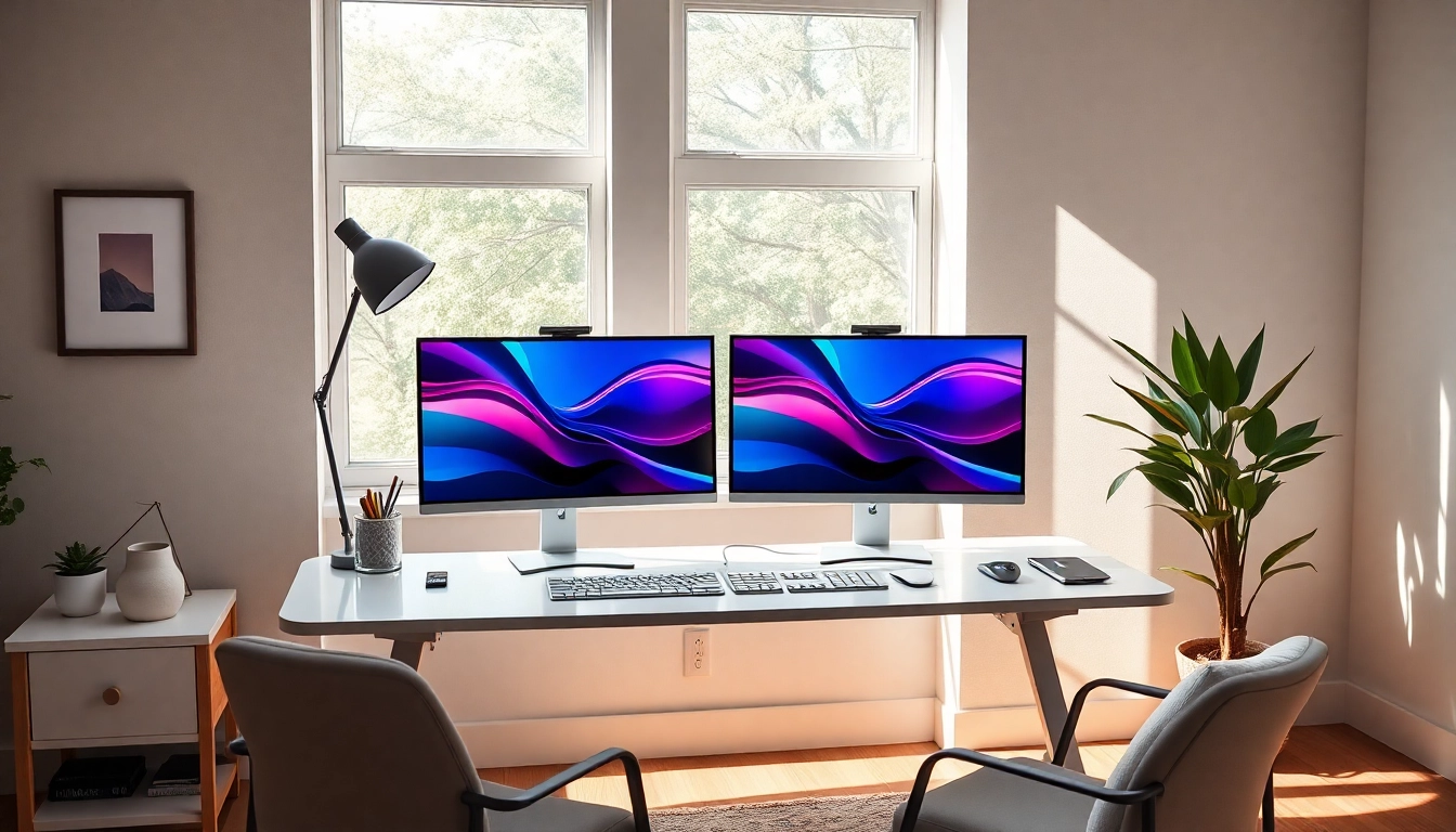 Set up a dual monitor install to enhance workspace productivity with a modern home office design.