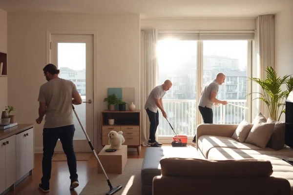 Bond cleaning Logan experts performing thorough cleaning in a well-lit apartment setting.