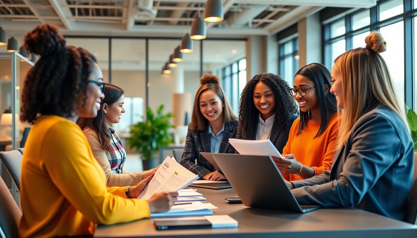 Payroll professionals collaborating on a financial report in a modern office.