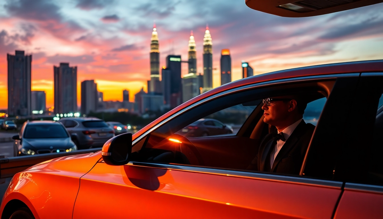 Professional chauffeur hire Kuala Lumpur featuring a luxurious car against a sunset skyline.