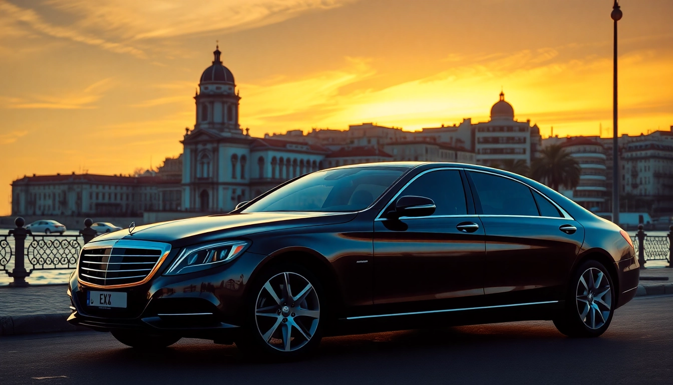 Luxury hire chauffeur Lisbon service in a premium vehicle against stunning Lisbon sunset.