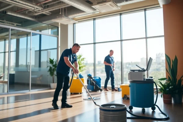 Jacksonville commercial cleaning team efficiently cleaning an office space with modern equipment.