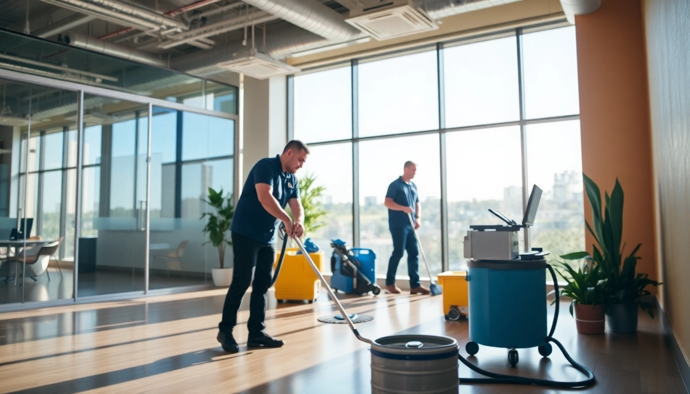 Jacksonville commercial cleaning team efficiently cleaning an office space with modern equipment.