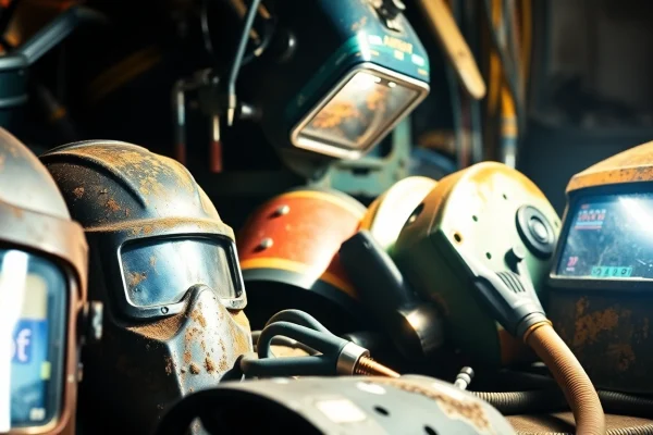 Welding supplies collection showcasing durable helmets and essential tools for welders.