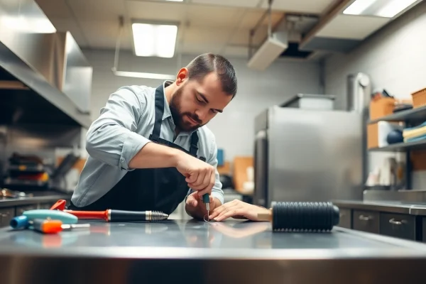 Performing prep table repair on a commercial kitchen stainless steel unit, showcasing tools used in process.