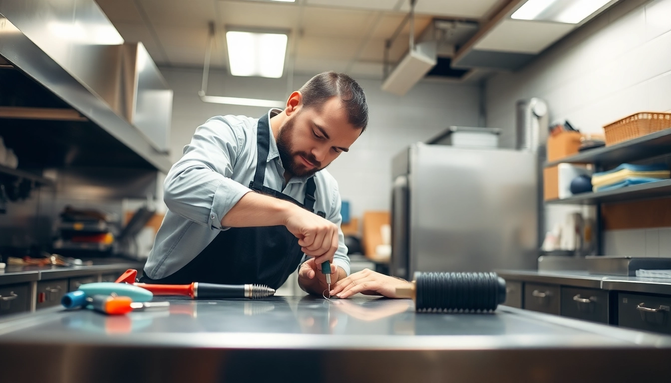 Performing prep table repair on a commercial kitchen stainless steel unit, showcasing tools used in process.