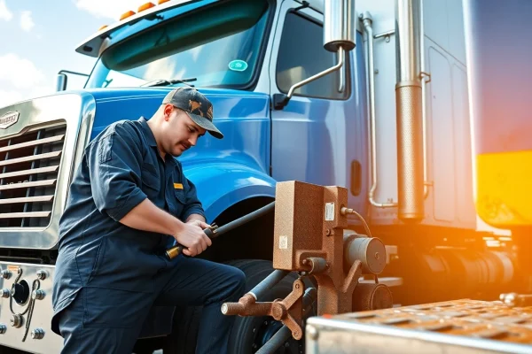 Expert mechanic performing heavy-duty truck repair in Florida with specialized tools.