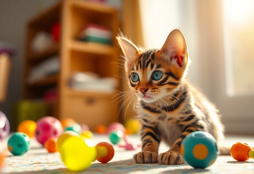 Active Bengal kitten playing, showcasing registered Bengal breeder qualities in a warm setting.