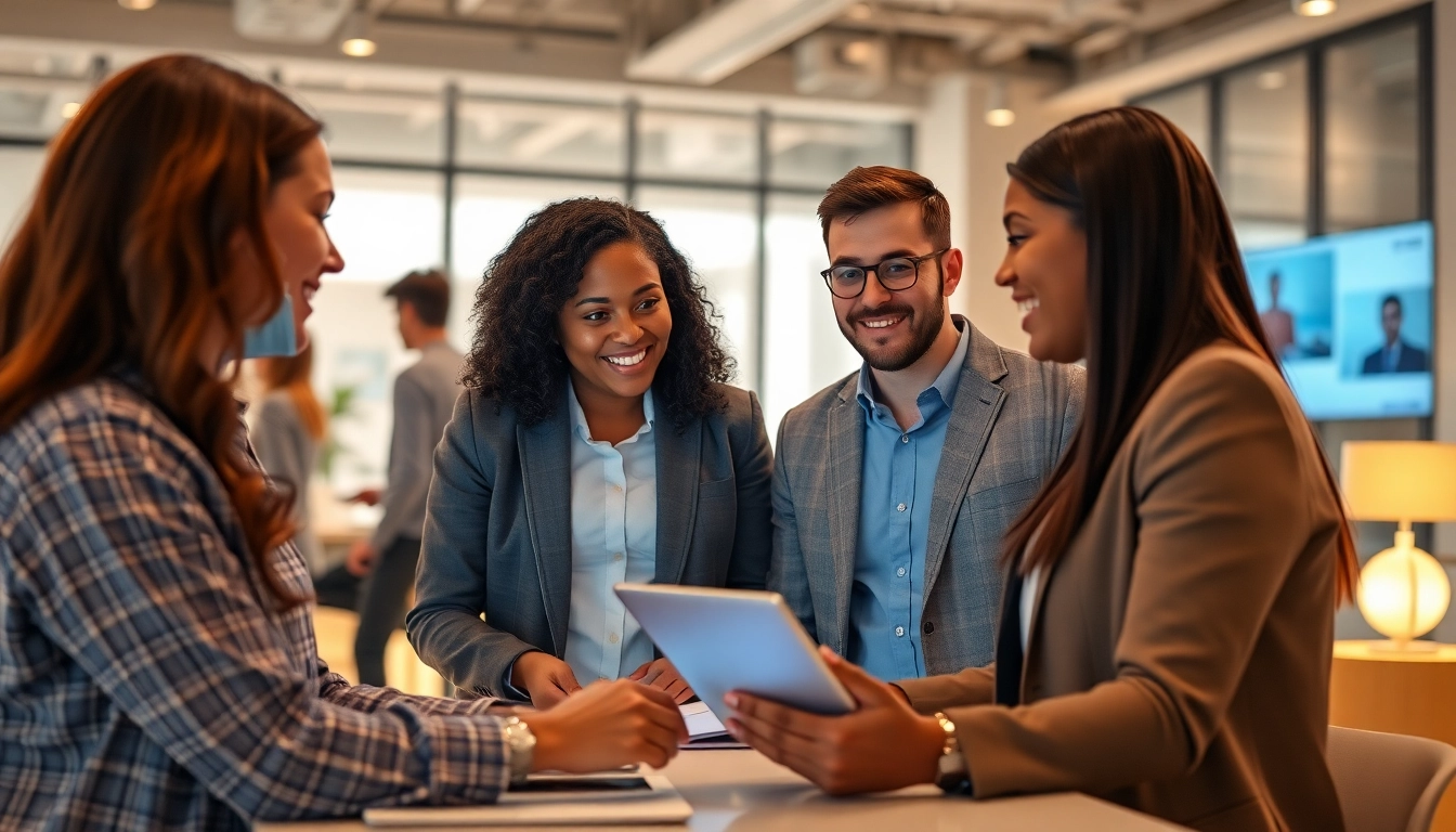 Human AI Outreach agent assisting clients in a collaborative office environment, showcasing integration of technology.