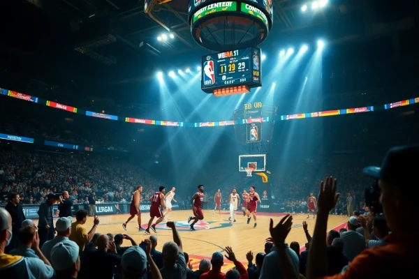 Experience thrilling NBA중계 action with live sports coverage, featuring players and cheering fans.