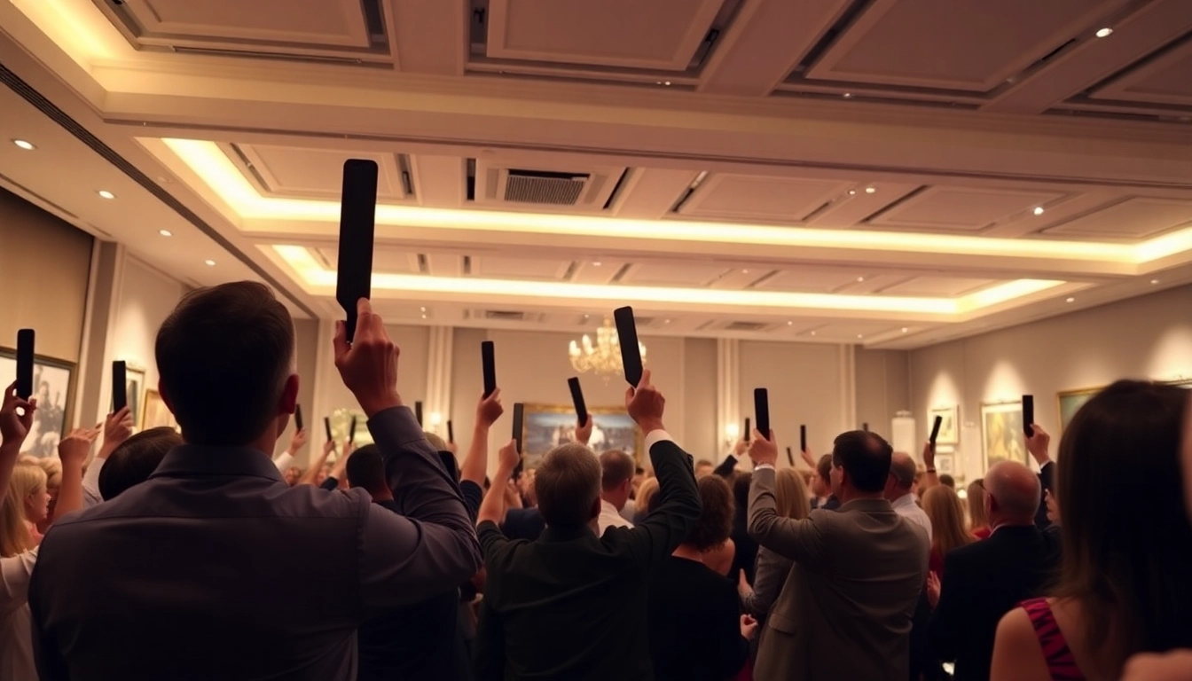 Engaged bidders participating in Immobilien kaufen per Auktion event, showcasing dynamic auction atmosphere.