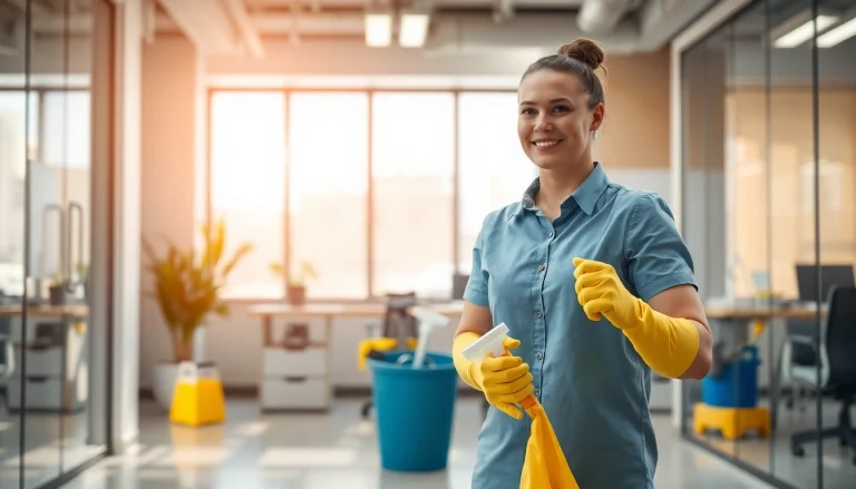 Professional cleaner performing Jacksonville commercial cleaning in a bright office setting.