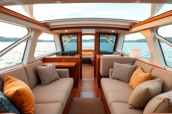 Relax and unwind in a beautifully designed boat cabin featuring natural materials and inviting ambiance.