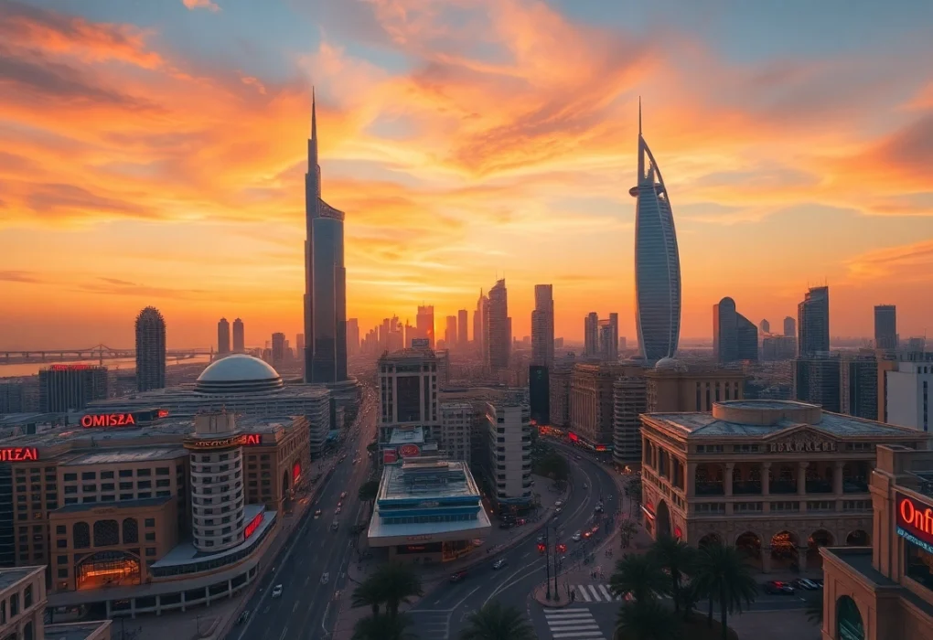 Experience the best of Dubai with stunning views of iconic landmarks and a vibrant sunset.