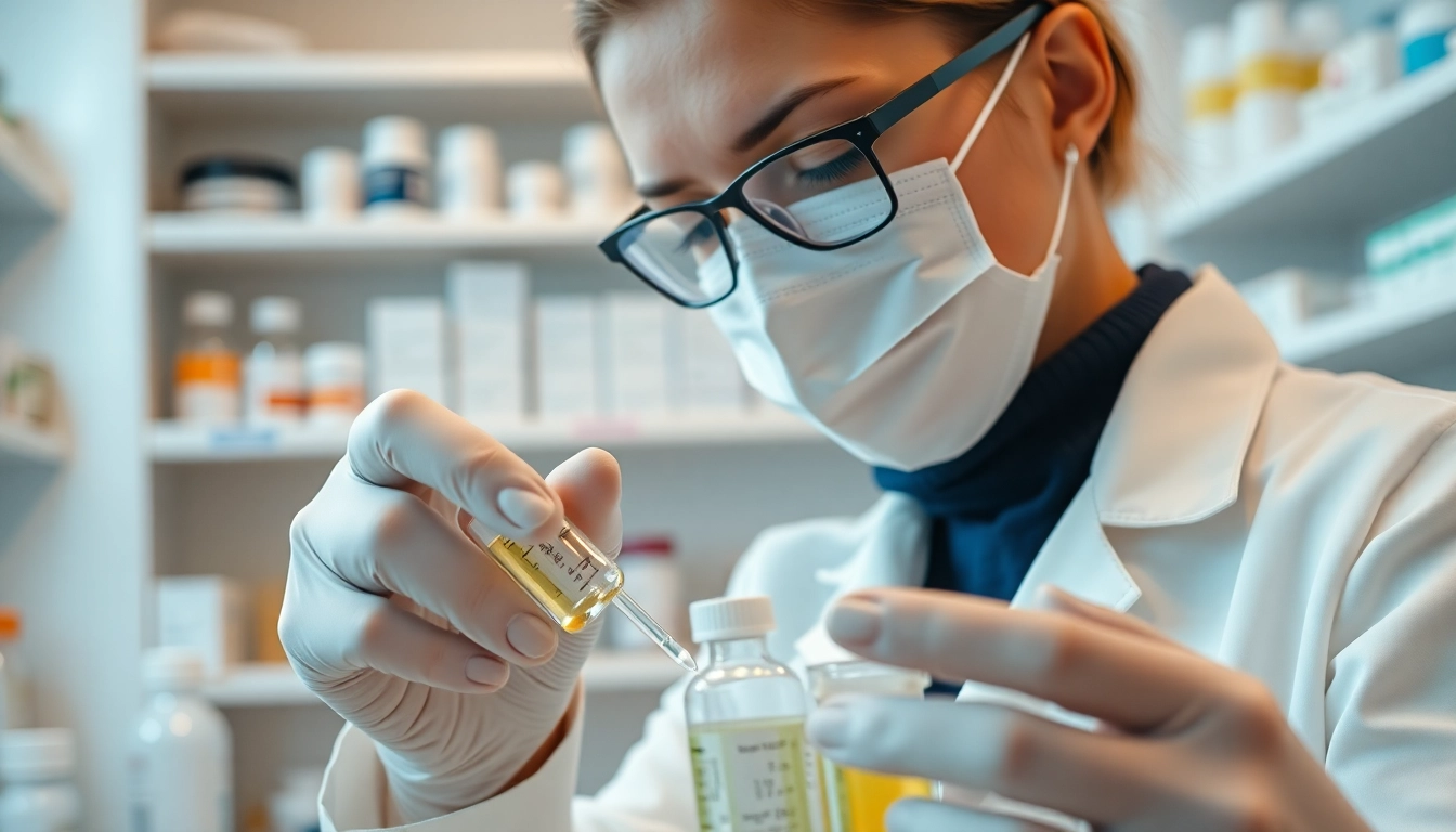 Pharmacist preparing custom medications at a compounding pharmacy with precision and care.