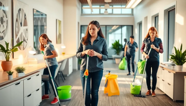 Professional team performing Jacksonville commercial cleaning in a bright office setting with eco-friendly products.
