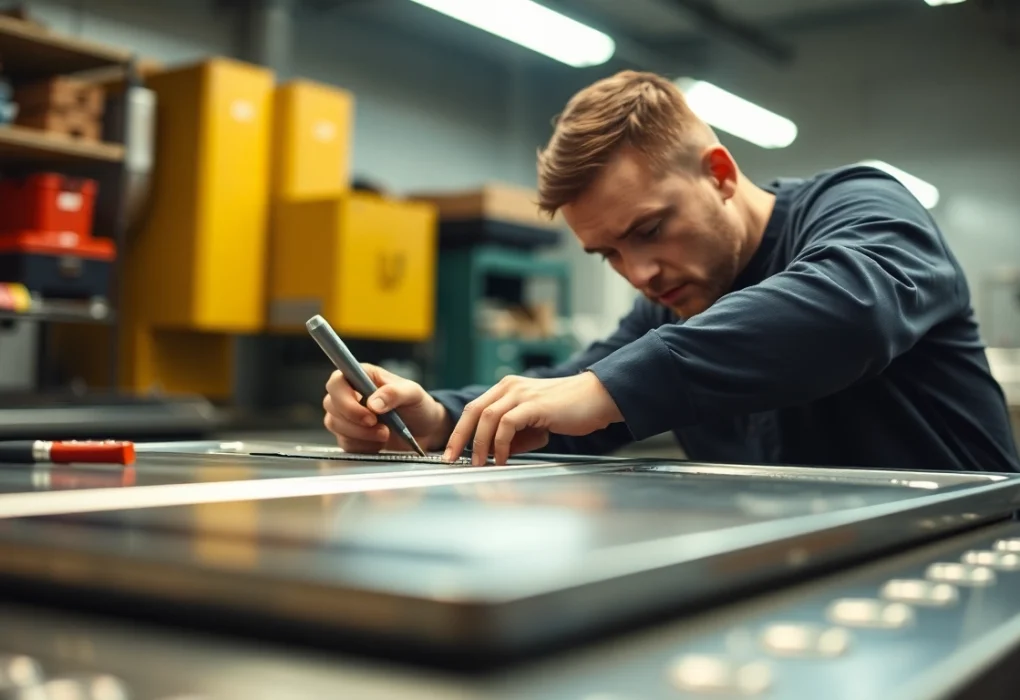 Technician performing prep table repair with tools and bright light in a workshop setting.