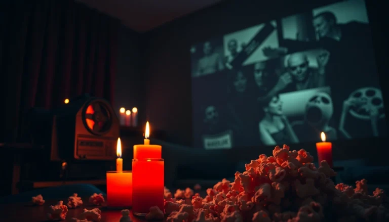 Watch spine-chilling horror films on HellHorror.com with a thrilling movie night setup featuring popcorn and eerie ambiance.